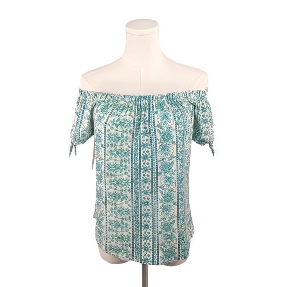 NWT Planet Gold Green Striped Boho Blouse Floral Off Shoulder Tie Sleeve Top S - Picture 4 of 8